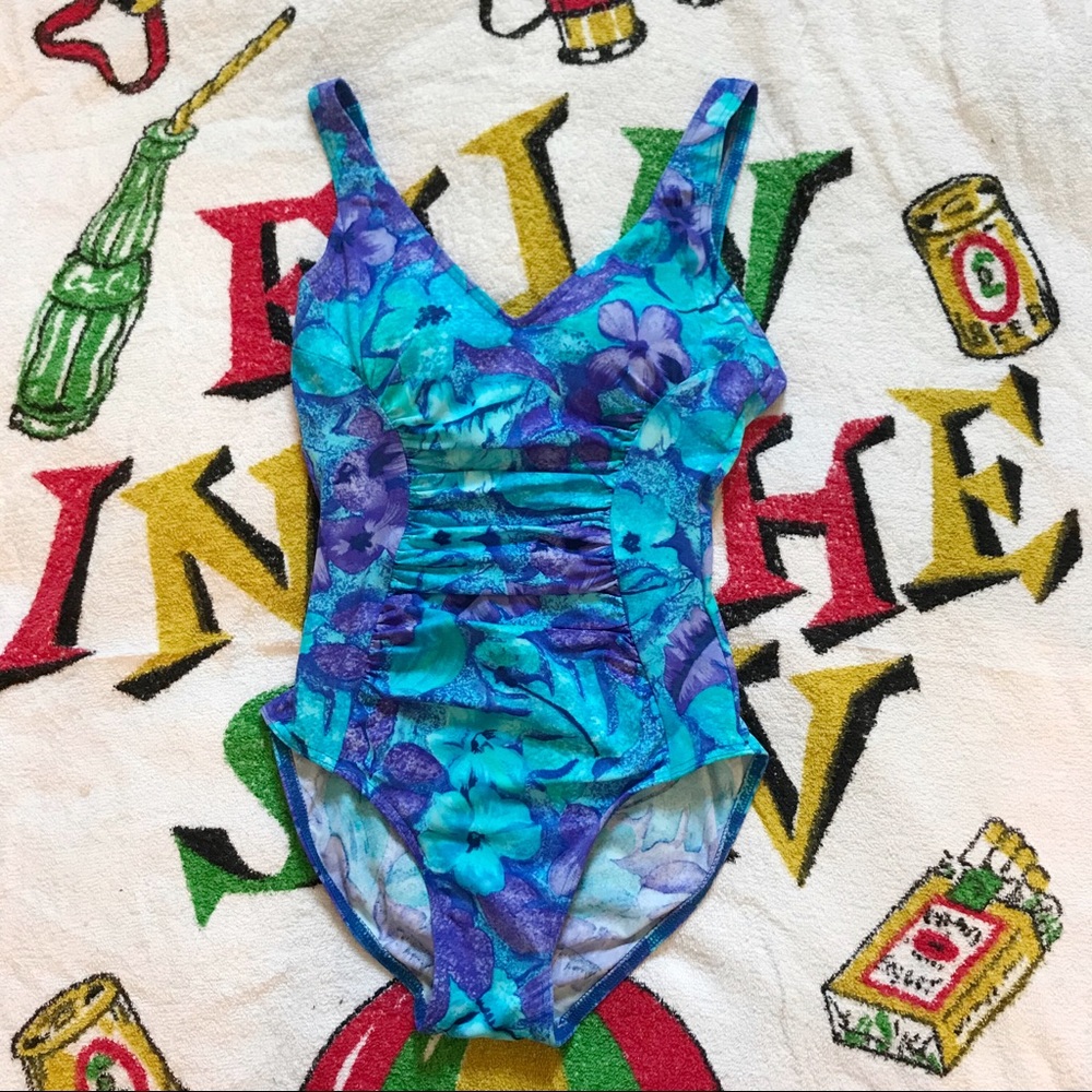 Blue Floral Print One Piece Bathing Suit